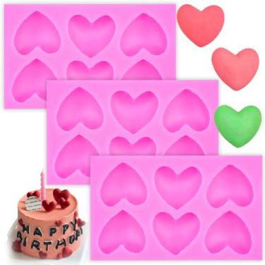 Imagem de 3 peças de moldes de fondant de silicone para coração, amor, chocolate, açúcar, doces, bolos, moldes de pop faça-você-mesmo para decoração de bolos, topo de cupcake, chocolate, doces, velas, argila