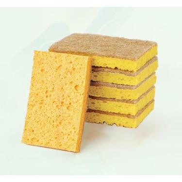 Imagem de 6 peças de esponja de polpa de madeira e bucha, dupla face sem arranhões para pratos/frigideiras/balcões, esponjas de limpeza de cozinha marrom