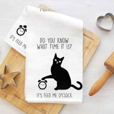 Imagem de Toalhas de cozinha engraçadas de gato e despertador, utensílios de mesa decorativos absorventes de microfibra pano de prato toalha de chá, toalhas de mão waffle para cozinha, casa, banheiro, presentes