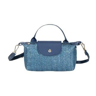 Imagem de Bolsa tiracolo feminina de tecido de palha com alça superior, bolsa transversal de ombro único, bolsa de palha com alça removível ajustável, Azul, Azul