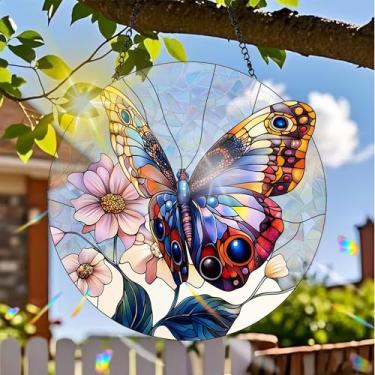 Imagem de Suncatcher acrílico colorido, decoração de pendurar borboleta com design de estilo vitral impresso, arte de parede criador de arco-íris, janela refrator de luz do sol, decoração interna e externa para