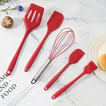 Imagem de Conjunto de 5 utensílios de cozinha de silicone – Utensílios de cozinha antiaderentes resistentes ao calor com batedor, colher, espátula e pincel para cozinheiros domésticos e inauguração de casa