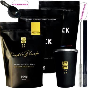 Imagem de Kit 3 Pacotes Black Erva Mate Tereré + Copo de Alumínio Térmico + Bomb