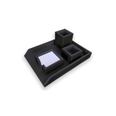 Imagem de Kit Escritório Organizador de Mesa Eco Office em Couro Ecológico - Porta Papel A4, Porta Lápis, Porta Clips e Porta Rascunho (Preto)
