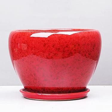 Imagem de EESCZVGBDX Vaso de flores de cerâmica vermelho simples para jardim, cacto, planta com orifício de drenagem e pires, tamanho pequeno a médio a grande, vasos de flores de cerâmica modernos redondos