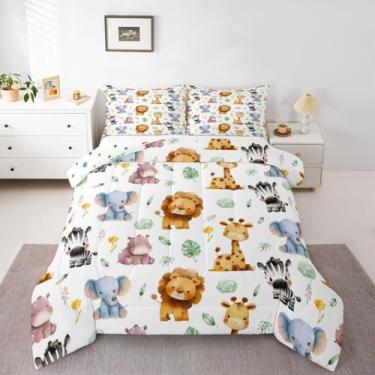 Imagem de jejeloiu Conjunto de edredom solteiro com animais da floresta da floresta, animais de safári, para crianças, meninos, meninas, decoração de quarto, microfibra, 2 peças com 1 fronha