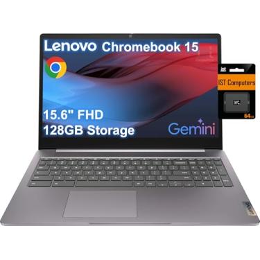 Imagem de Lenovo Chromebook 15 (tela FHD de 15,6 polegadas, 4 GB de RAM, 128 GB de armazenamento (64 GB eMMC + cartão SD de 64 GB) 2 TB de armazenamento na nuvem, Intel Celeron), laptop doméstico e estudantil