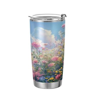 Imagem de xigua Copo de flores silvestres de jardim aquarela com tampa de palha, caneca de viagem a vácuo de parede dupla, caneca de café bem isolada, copo de aço inoxidável para bebidas quentes e frias, 600 ml