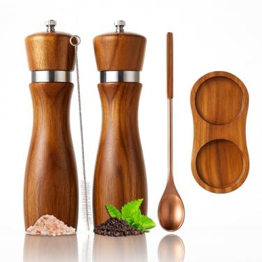 Imagem de Conjunto de moedor de sal e pimenta de madeira de acácia premium, moedores manuais de 20 cm com espessura ajustável, núcleo de cerâmica, bandeja combinando, colher e escova de limpeza – pacote com 2