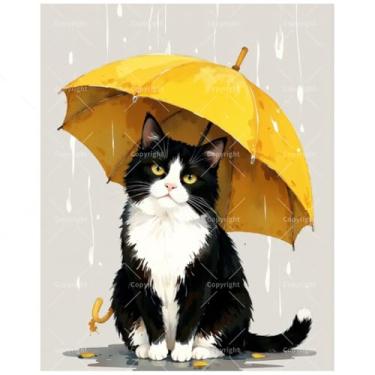 Imagem de TAOPAOLAB Kit de pintura fofa por números para adultos - DIY gato preto e branco com guarda-chuva amarelo pintura em tela 40,6 x 50,8 cm, conjunto de tinta acrílica, adequado para iniciantes, arte