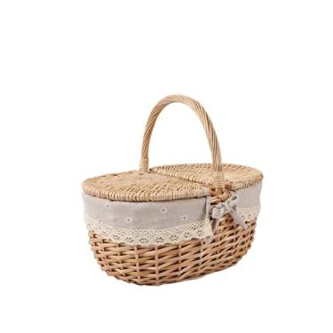 Imagem de Cesta de piquenique vime tecido com alças tampas forro lavável armazenamento rattan para ovos doces flores estilo caseir