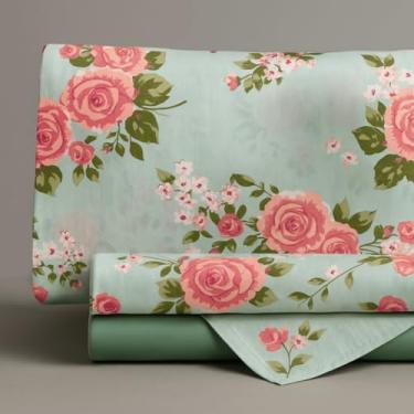 Imagem de Jogo de Lençol 4 Peças Percal 400 Fios Toque Macio Queen King Cama Casal Luxo Premium(Floral Suave,Queen Size)