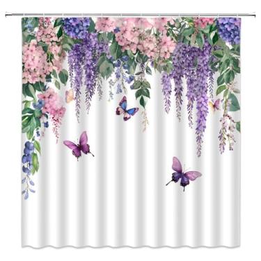 Imagem de Cortina de chuveiro floral roxa rosa rústica glicínia hortênsia borboleta em fundo branco primavera jardim cenário decoração banheiro cortinas de poliéster com ganchos, 70x70L