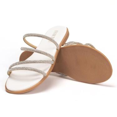 Imagem de Sandália feminina de dedo aberto com tiras de strass, sem cadarço, confortável, casual, elegante, sapatilha para o verão, Branco, 35
