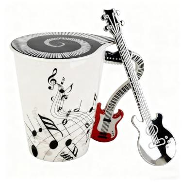 Imagem de Caneca exclusiva de guitarra com tampa temática de música, alça de guitarra e colher - presente de Natal, aniversário, dia das mães, para professores de música e amantes de guitarra (vermelho)