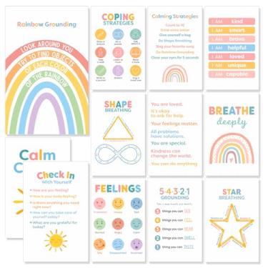 Imagem de 12 pôsteres de canto calmante para sala de aula Tabela de sentimentos de emoções para crianças Calm Down Corner Poster para pré-escola educação especial material de sala de aula terapia escritório