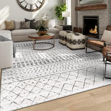 Imagem de Tapete de área lavável na máquina de 20 x 25 cm para sala de estar, cinza e branco, vintage, marroquino, grande, antiderrapante, tapete de lã sintética macia, adequado para crianças e animais de