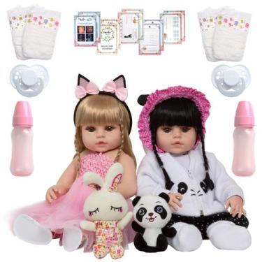 Imagem de Kit Boneca Tipo Reborn Gêmeas Pandinha Coelhinha Princesas - Cegonha R