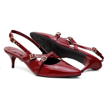 Imagem de Sapato Feminino Slingback Salto Baixo, Vermelho Vinho Envernizado, Bico Fino com Tiras Cruzadas e Fivelas Douradas (Vermelho, BR, Adulto, Numérico, 39)