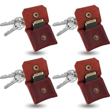 Imagem de Jack&Chris Chaveiro de couro genuíno com porta-cartão SD, antichoque, antipoeira, acessórios de câmera portáteis para cartões SD CF CFexpress Micro SD Nano SIM e Micro SIM, vermelho, pacote com 4