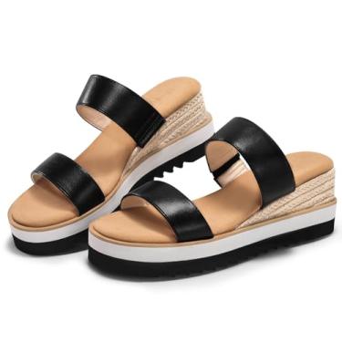 Imagem de Coutgo Sandálias femininas plataforma alpargatas salto plataforma confortável sem cadarço, bico aberto, sapatos de praia de verão, Poliuretano preto, 38