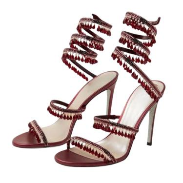 Imagem de Fuazuzu Sandálias de salto alto com tiras de strass para mulheres, bico redondo aberto com cadarço para vestido de festa de formatura de casamento, Vermelho, 36