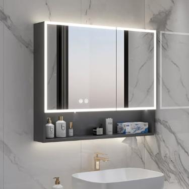 Imagem de Armário de remédios de LED inteligente com espelho sensível ao toque, armazenamento antiembaçamento, design de alumínio montado na parede, vaidade preta com slot para toalha de papel para organização