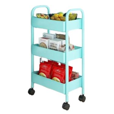 Imagem de Carrinho de armazenamento com rodinhas de 3 níveis - Carrinho de aço carbono durável com rodas, design estável e corrimão curvo para fácil manuseio - Organizador azul versátil para casa e escritório