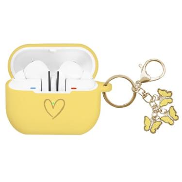 Imagem de AIIEKZ Compatível com Samsung Galaxy Buds 3 Pro e Galaxy Buds 3 (2024), capa de silicone macio com padrão de coração dourado com chaveiro de borboleta fofo para meninas e mulheres (amarelo)