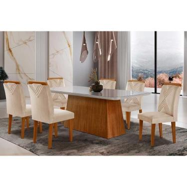 Imagem de Conjunto Mesa Sala Jantar Luna Tampo Madeirado Com Vidro Curvo 180x90 E 6 Cadeiras Amsterdã Imbuia Suede Creme Rufato