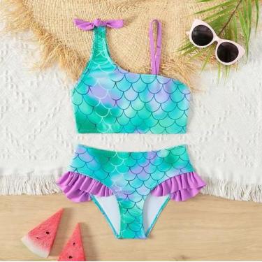 Imagem de Biquíni Maiô Escamas Sereia Ariel Babado Laço Rosa Lilás F Tamanho:5 a