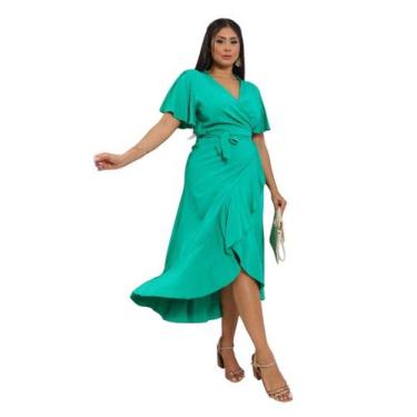 Imagem de Vestido envelope longo viscolinho liso manga curto - SP STORE, Verde b