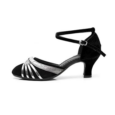 Imagem de Sandália feminina com tira no tornozelo sapatos de dança latina bico fechado sandália salto noturno, Preto, prata, 9.5