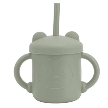 Imagem de Copo com canudinho para bebê, copo de silicone para bebê 4 peças panda aprendizado treinamento à prova de derramamento com alças tampa de bico para criança(Verde oliva)