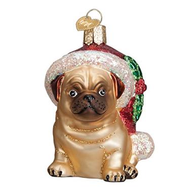 Imagem de Old World Christmas Ornamentos: Ornamentos soprados de vidro pug chapéu de azevinho para árvore de Natal (12430)