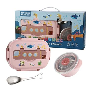 Imagem de Lancheiras Bento Box para crianças e adultos | Recipiente para lanche infantil de aço inoxidável | Bentobox escolar à prova de vazamento com 3 compartimentos para almoços para meninos e meninas | Kit sem BPA | Rosa