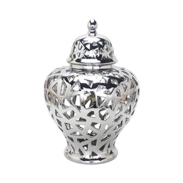 Imagem de ＫＬＫＣＭＳ Vaso de flores de cerâmica, jarra de gengibre de porcelana, ornamento de mesa de artesanato, jarra decorativa vitrificada delicada com tampa para