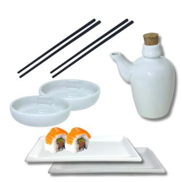 Imagem de Kit Sushi Comida Japonesa Porcelana 2 Pessoas Branco 5 peças + Hashi