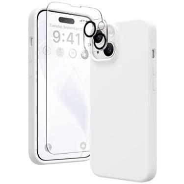 Imagem de GONEZ Capa de silicone líquido compatível com iPhone 15, capa de silicone líquido com [3 protetores de tela + 3 projetores de lente de câmera], forro de microfibra macio antiarranhões à prova de choque capa fina para telefone de 6,1 polegadas, branca