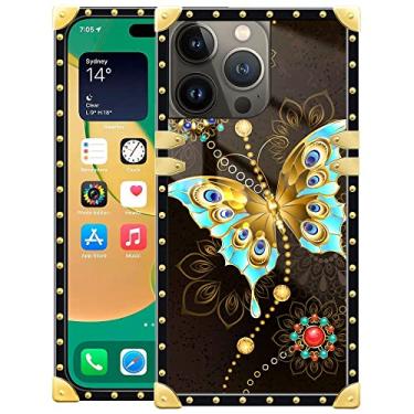 Imagem de Goodsprout Capa compatível com iPhone 14 Pro Max, asas de safira de borboleta dourada para iPhone 14 Pro Max, luxuosa, decoração dourada quadrada para iPhone 14 Pro Max (6,7 polegadas)