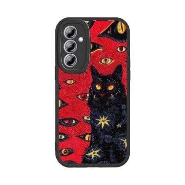 Imagem de KANKENLU Capa de telefone gato hippie psicodélico preto para Samsung Galaxy A54 5G, capa de animal fofo e trippy para adolescentes meninas mulheres homens, capa de couro vegano preto macio à prova de