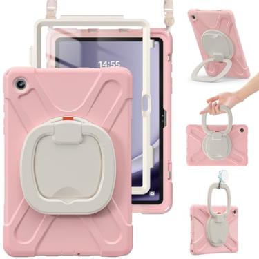 Imagem de BRAECN Capa para Samsung Galaxy Tab A9+/A9 Plus 28 cm 2023 SM-X210/X216/X218, capa protetora de silicone resistente com protetor de tela, pega, suporte giratório, alça de ombro para crianças, rosa