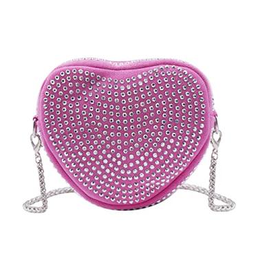Imagem de RARITYUS Linda bolsa tiracolo em forma de coração com strass brilhante para mulheres e meninas, bolsa de ombro com alça de corrente, Rosa choque, One Size, Resistente