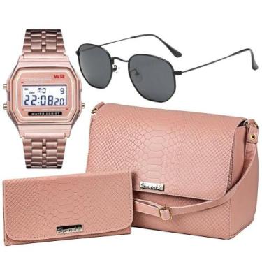 Imagem de Bolsa Feminina Transversal Tiracolo Tote e Carteira Feminina Rosa + Re
