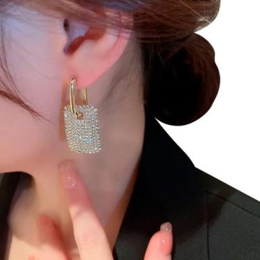 Imagem de Brinco Festa Feminino Delicado Quadrado Strass Dourado Joia - anjo da 