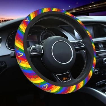 Imagem de Capa de volante de coração dos namorados colorida arco-íris orgulho gay acessórios de carro bonito para mulheres meninas universal 38 cm neoprene decoração interior auto protetor antiderrapante carro caminhão