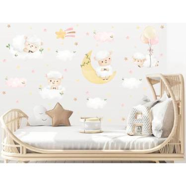 Imagem de Adesivo de Parede Ovelhas Aquarela Lua bexigas Cute Baby - Adesivos Ki