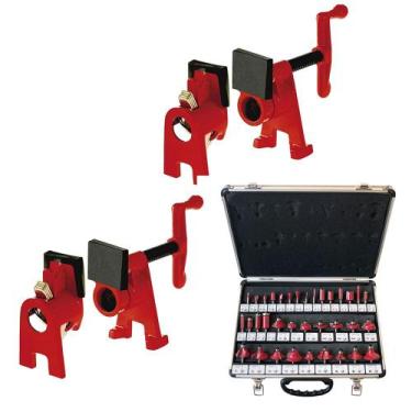 Imagem de Kit 2 Grampos Sargentos Para Canos + Jogo com 35 Fresas Para Tupia - C