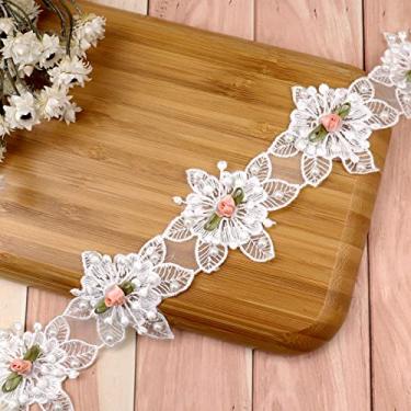 Imagem de Fita de renda bordada com apliques florais e pérolas para costura, vestido de casamento, decoração de roupas