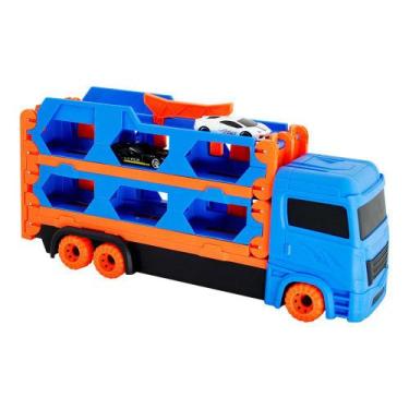 Imagem de Caminhão Cegonheira Transport Vira Pista 2 Carrinhos DM Toys, Azul